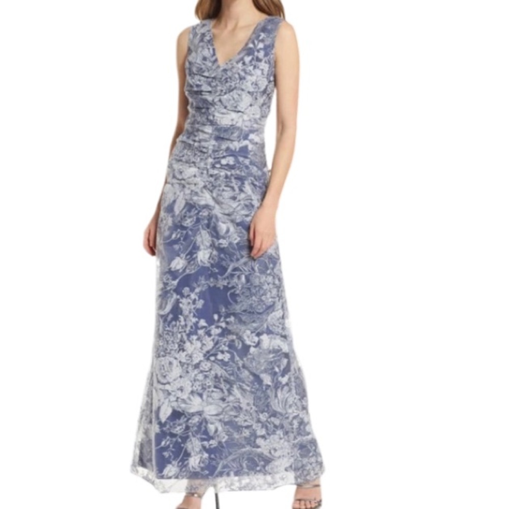 NWT JS Collections Maddison French Blue V-Neck Ruched Column Gown - Sz 12